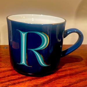 OPALHOUSE STONEWARE MUG  “ R “ BLUE WITH GOLD TRIM